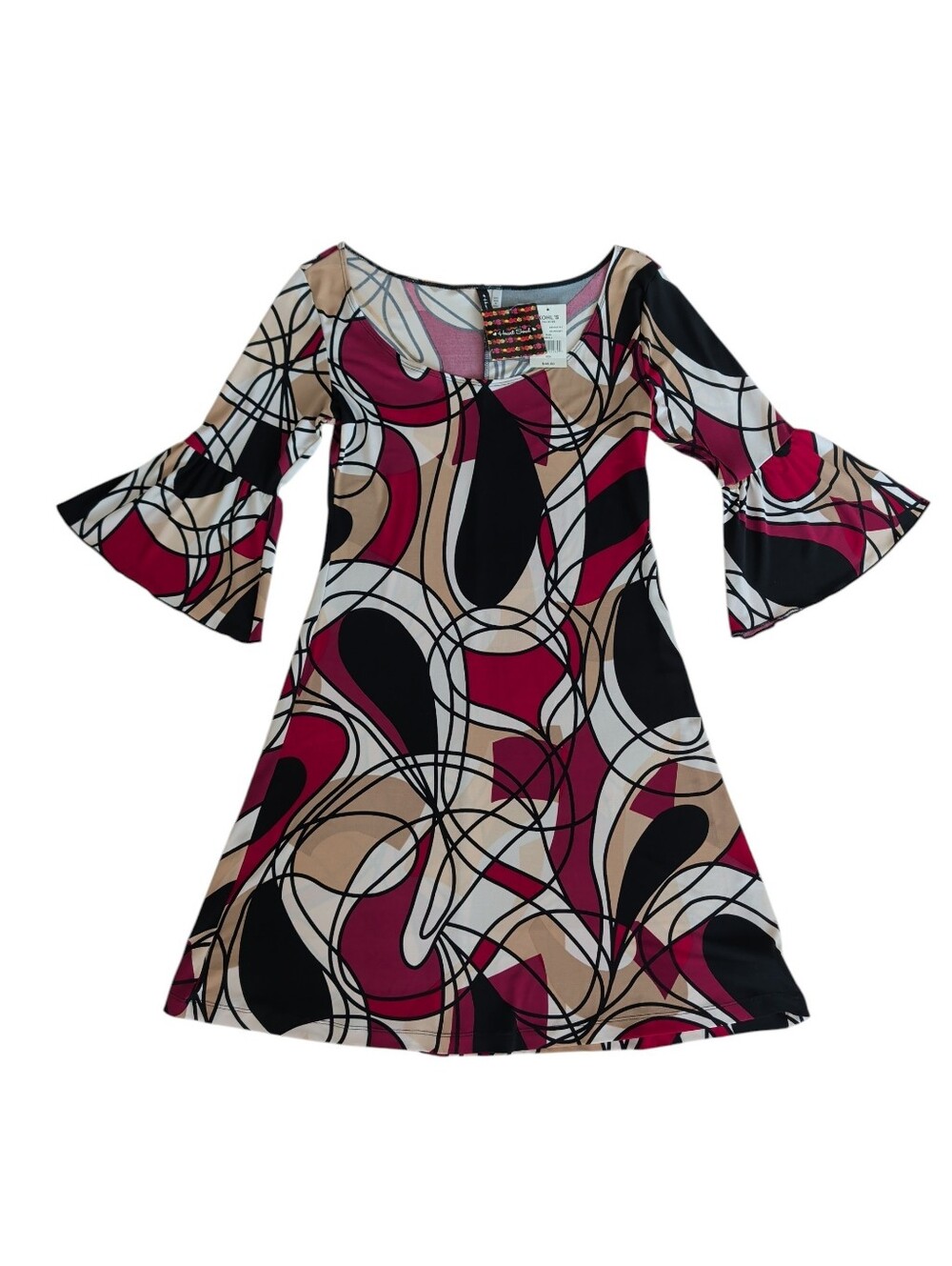 NWT Heart Soul Retro Abstract Bell Sleeve Dress SMALL Black Red White Flaws